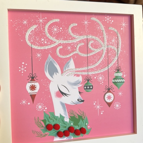 NWT Retro look Deer with Christmas Ornaments Pink Wall Art with Wood Frame - Picture 2 of 3